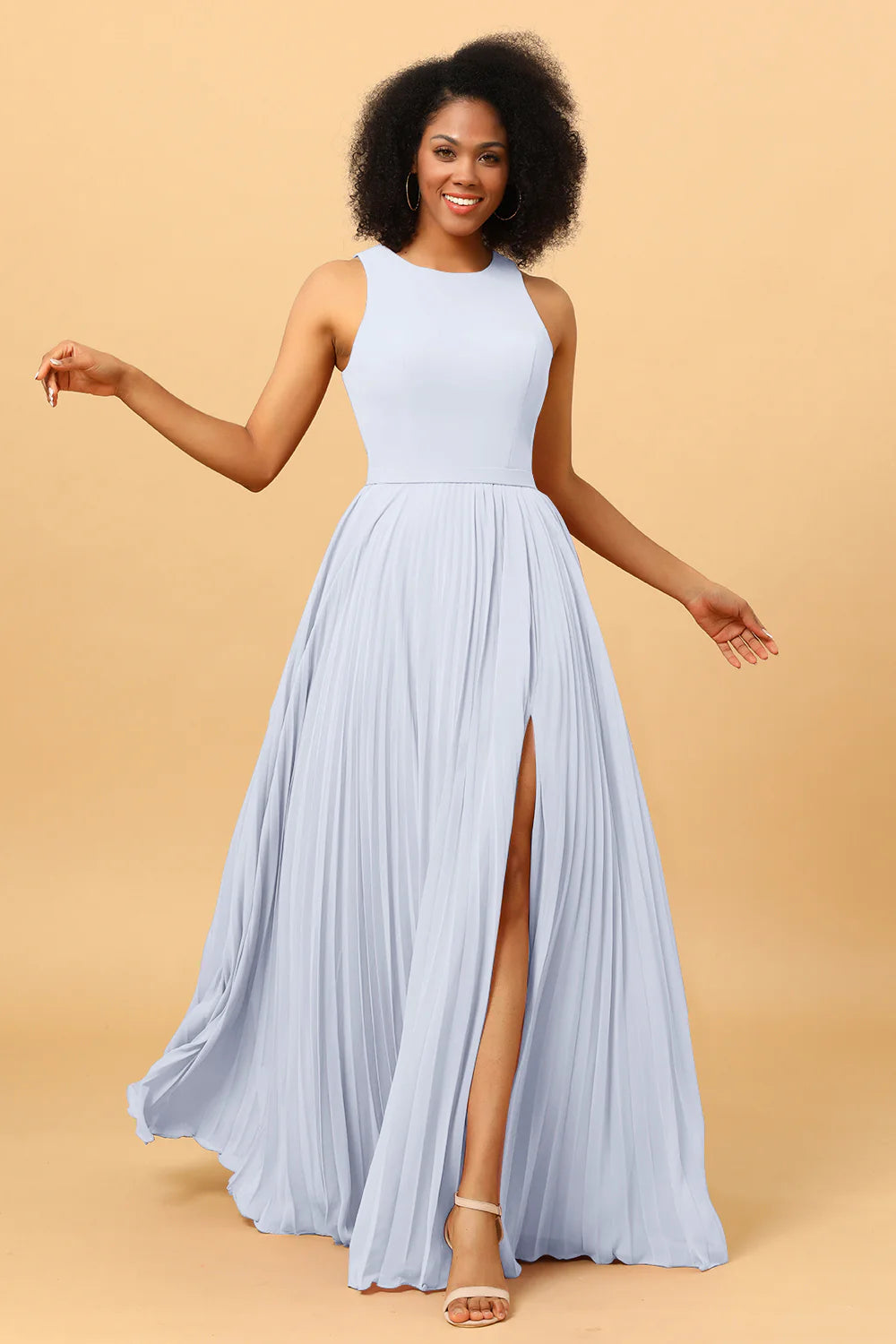 A Line Pleated Long Chiffon Bridesmaid Dress with Ruffles