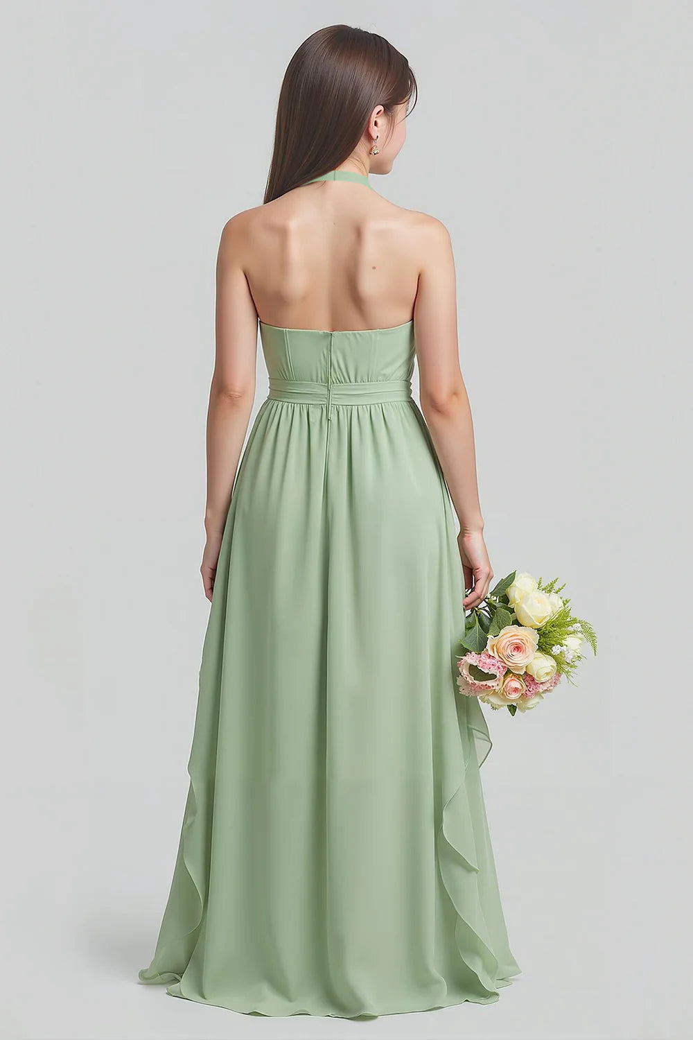 Sage Green Halter A Line Chiffon Long Junior Bridesmaid Dress with Ruffles