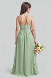 Sage Green Halter A Line Chiffon Long Junior Bridesmaid Dress with Ruffles