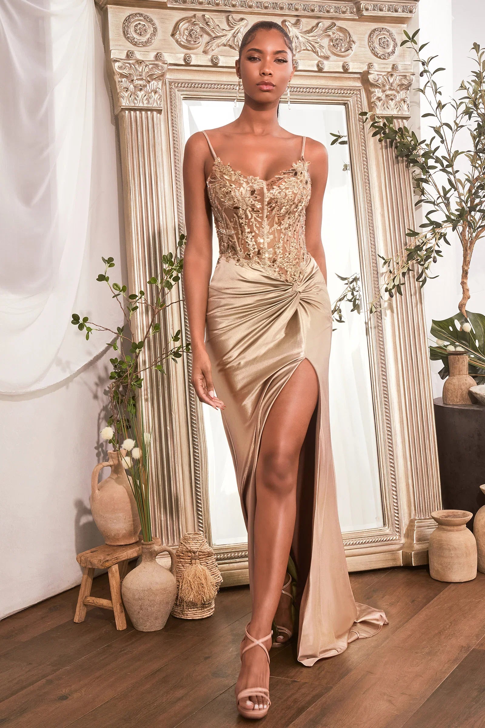 Flori Gown Fitted Satin Gown with Embellished Bodice