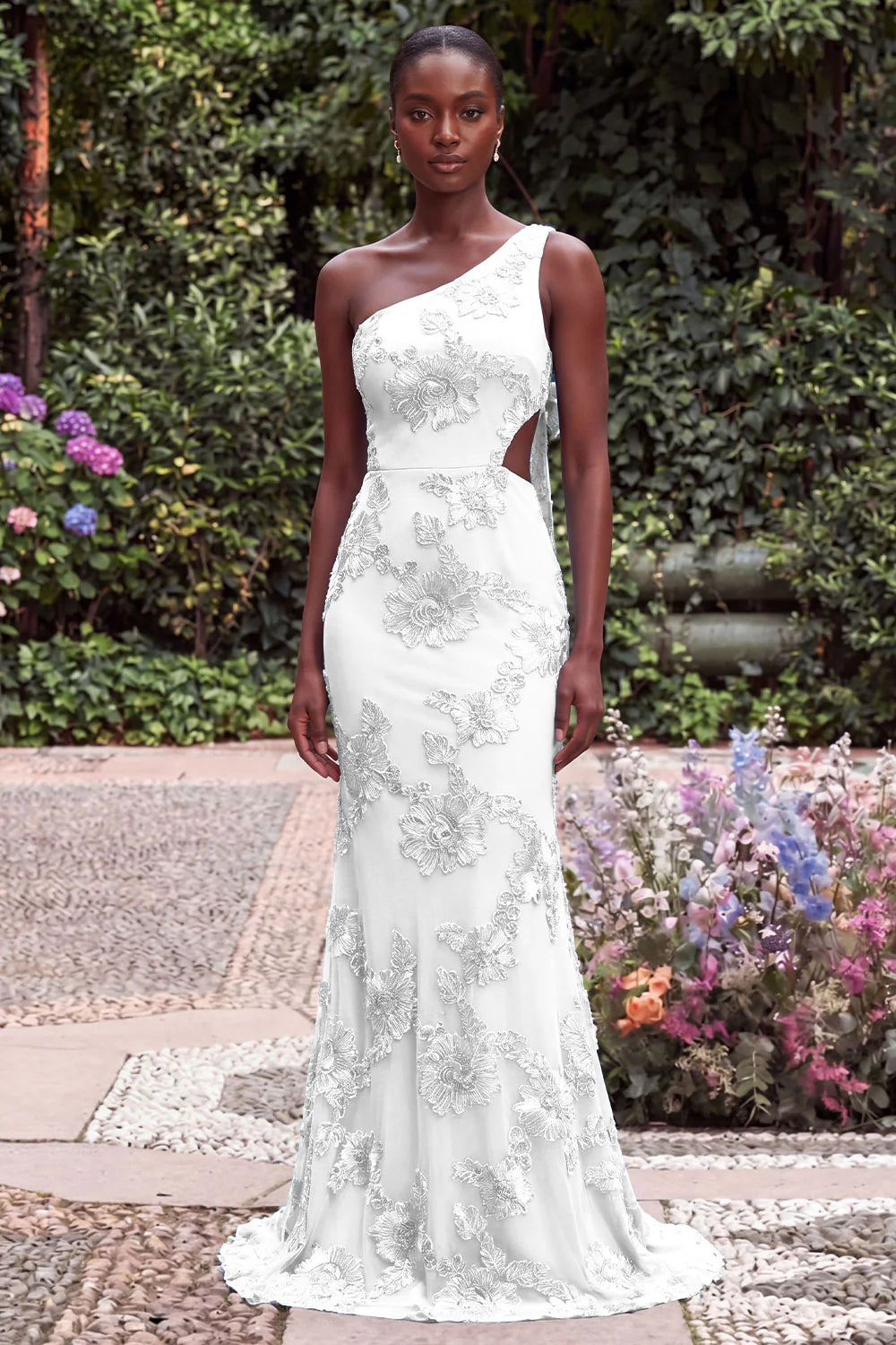 One Shoulder Mermaid Lilac Floral Embroidery Cut Out Maxi Dress with Bow