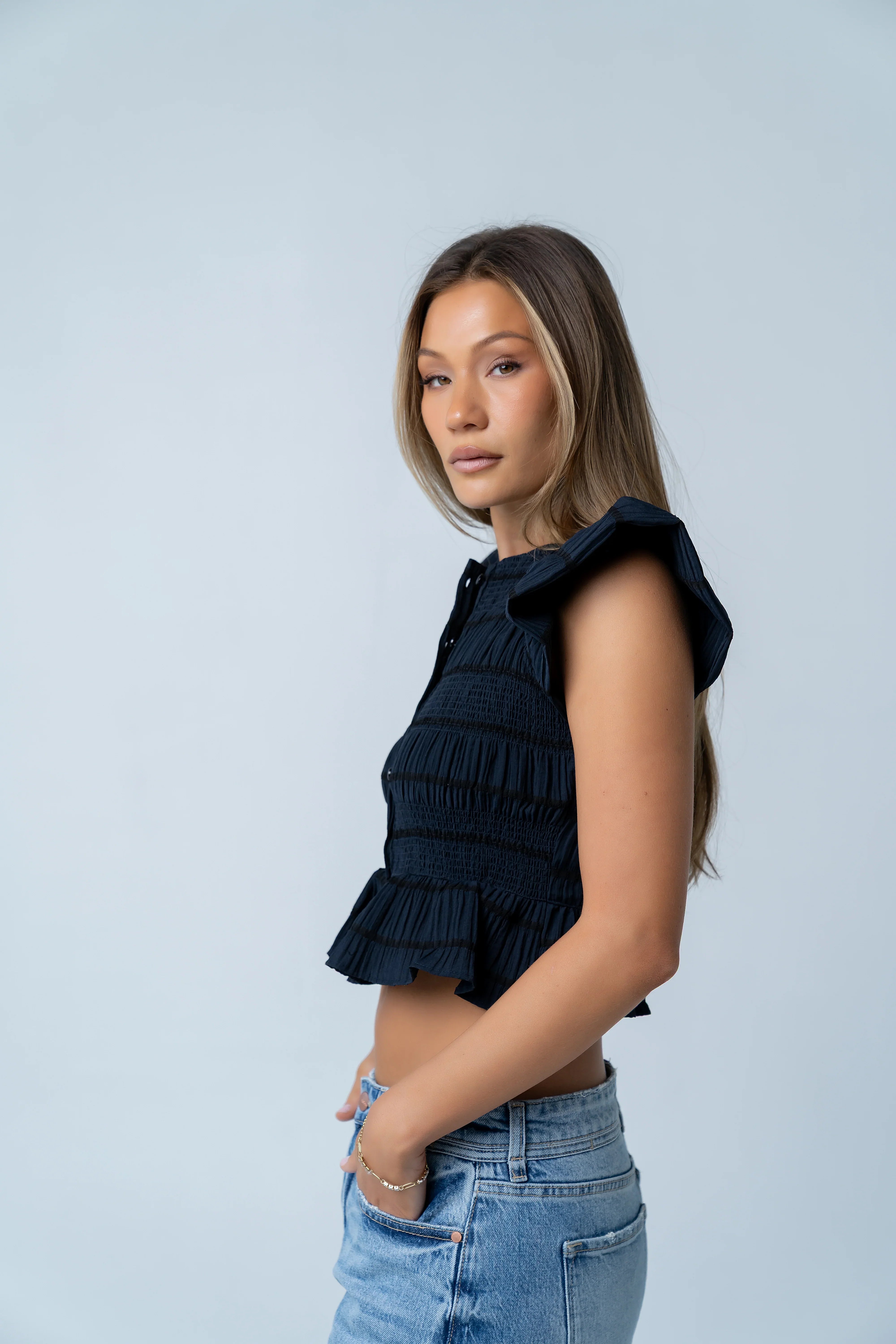 Holly Smocked Blouse in Navy