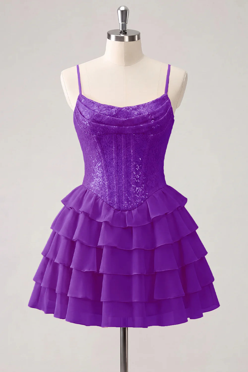 Champagne A Line Sequin Tiered Ruffle Short Homecoming Dress