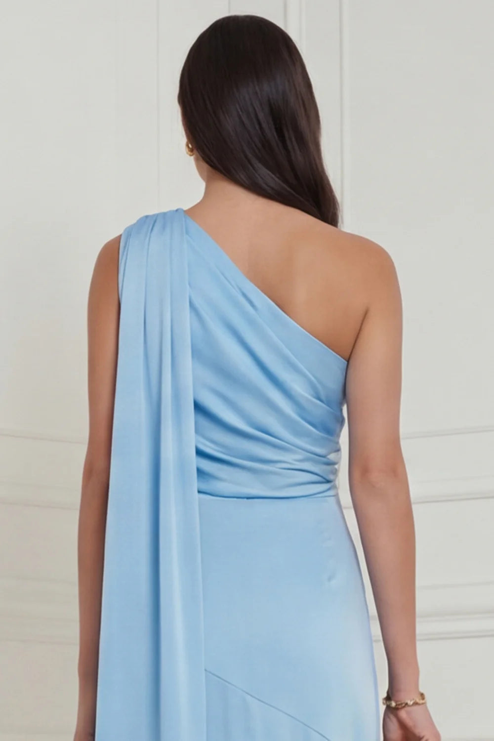 Sky Blue One Shoulder A Line 3D Flower High Low Wedding Guest Dress with Sash