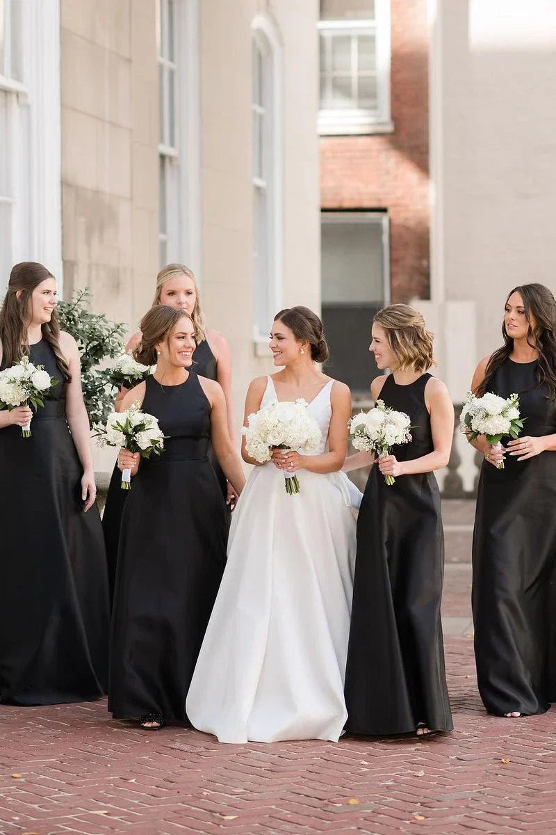 Simple A Line Round Neck Black Satin Long Bridesmaid Dresses