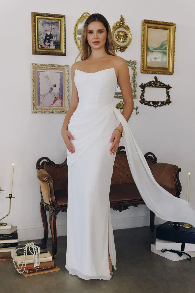 Skyler Gown Off White Strapless Draped Chiffon Dress