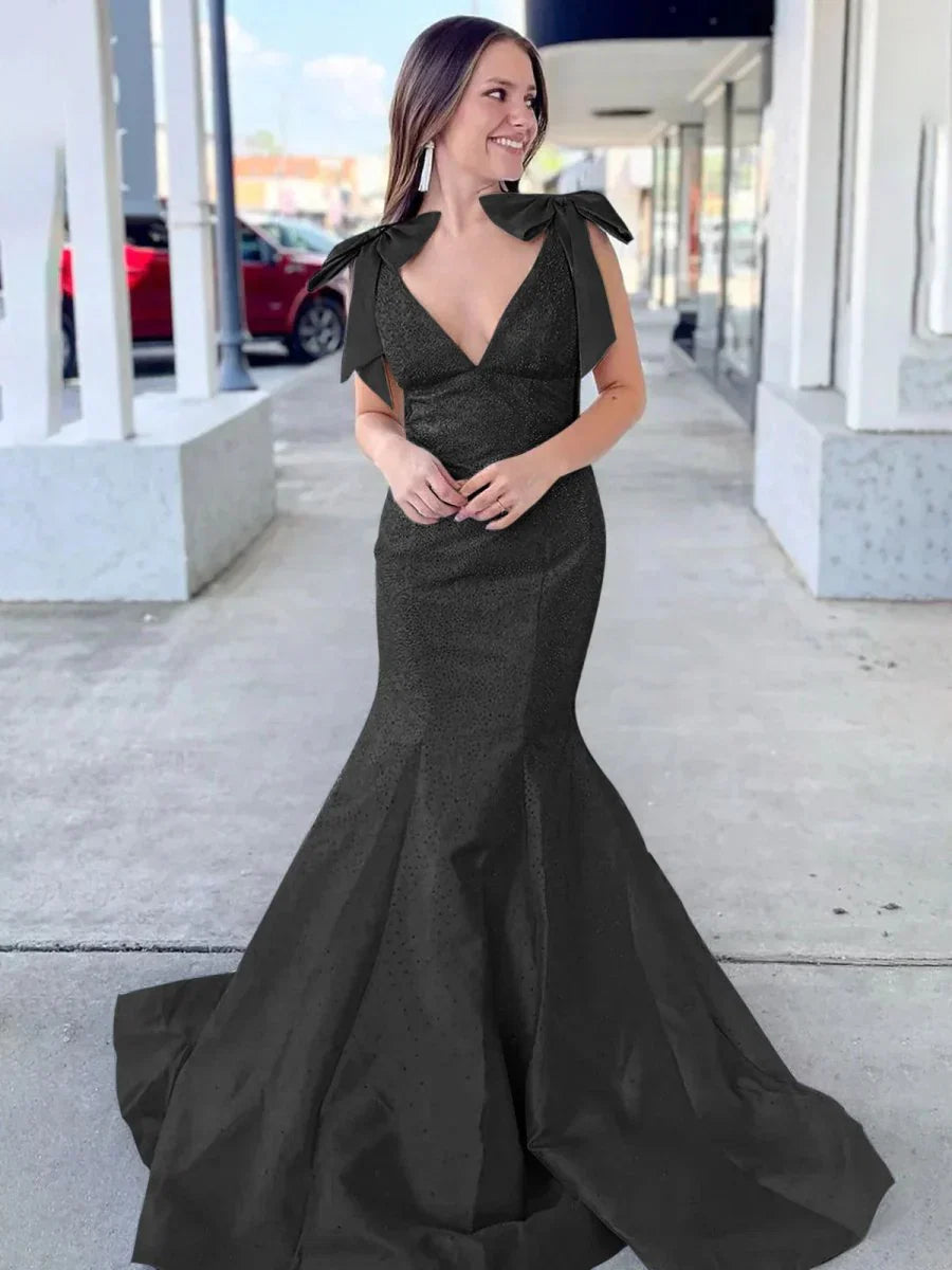 Sky Blue V Neck Mermaid Satin Long Prom Dress With Bow
