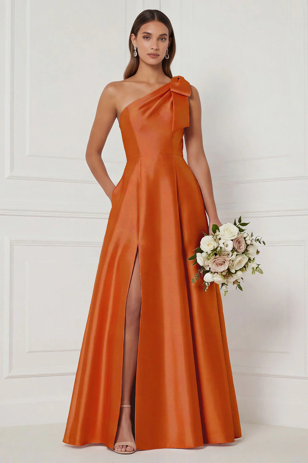 One Shoulder A Line Satin Pink Bridesmaid Dress with Slit