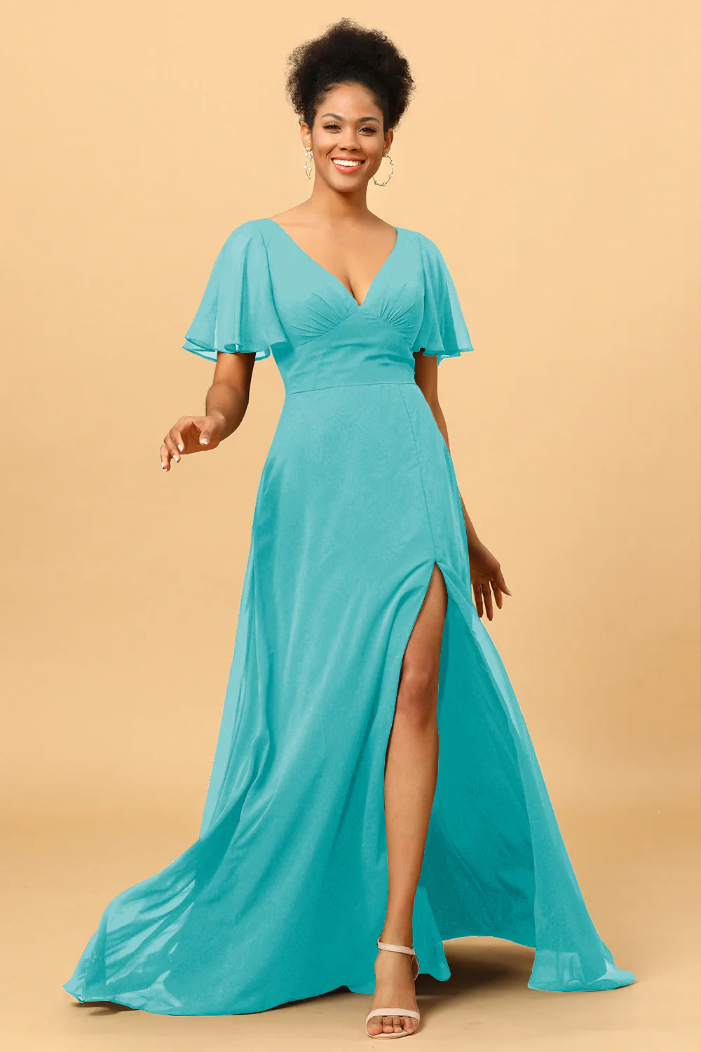 A Line V Neck Long Chiffon Bridesmaid Dress with Slit