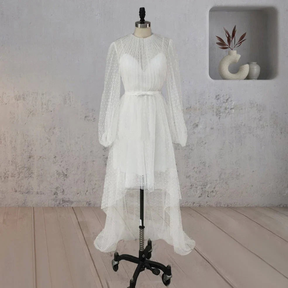 A Line Polka Dot Illusion Charm Asymmetrical Wedding Dress