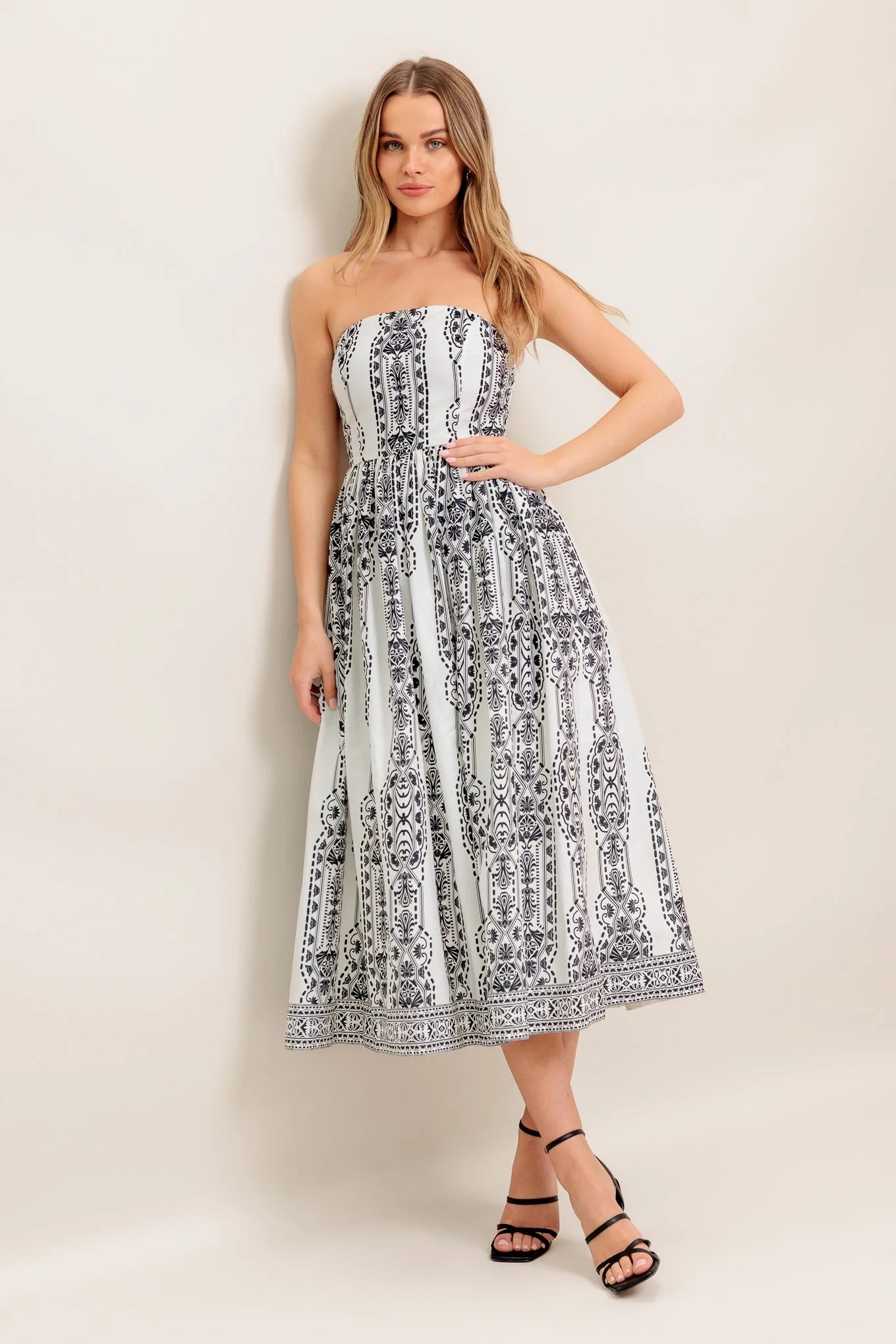 SUMMER SILHOUETTE STRAPLESS BLACK WHITE MIDI DRESS