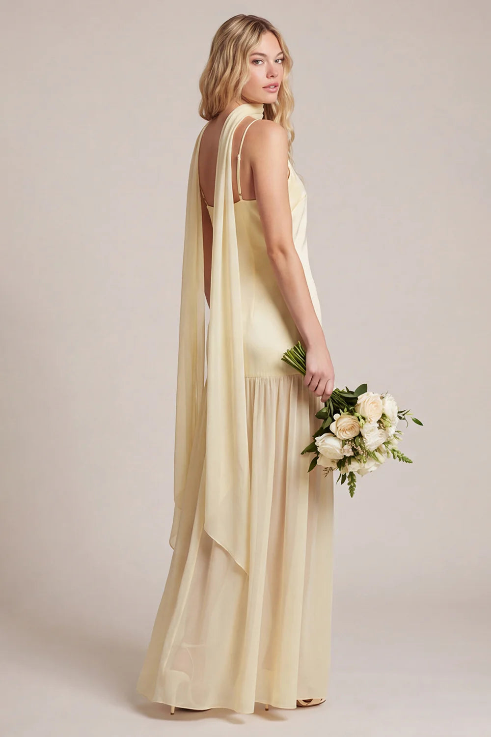 Daffodil Satin Spaghetti Straps Bridesmaid Dress with Scraf