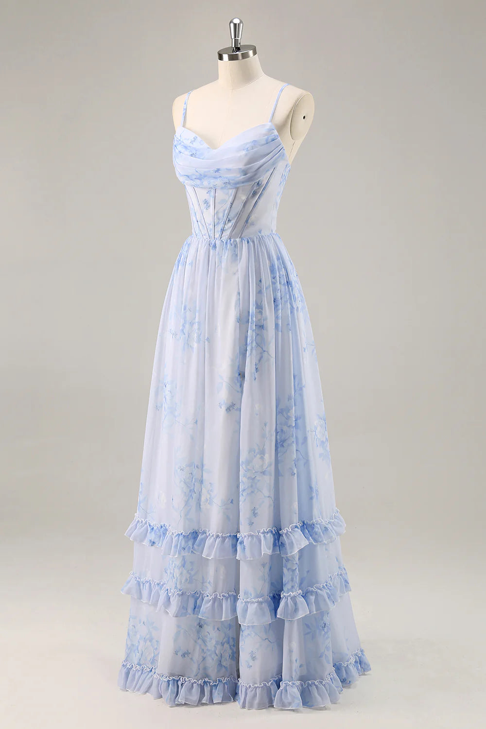 Blue Flower A Line Cowl Neck Corset Long Bridesmaid Dress with Slit
