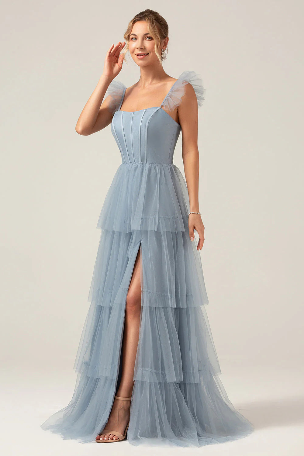 A Line Spaghetti Straps Tiered Floor Length Tulle Purple Bridesmaid Dress