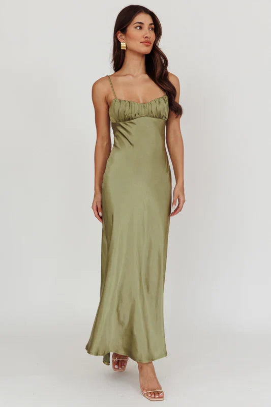 Paula Maxi Dress Olive Green Satin Slip Dress