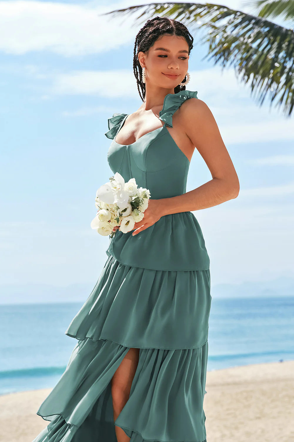 Eucalyptus A Line Tiered Ruched Corset Long Bridesmaid Dress with Slit