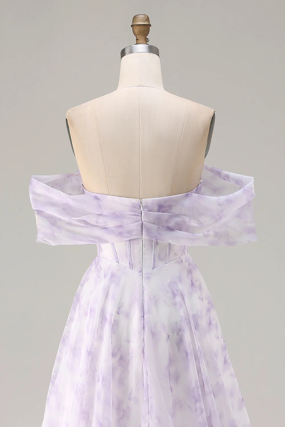 Lilac Off The Shoulder A Line Corset Print Floral Long Prom Dress with Slit