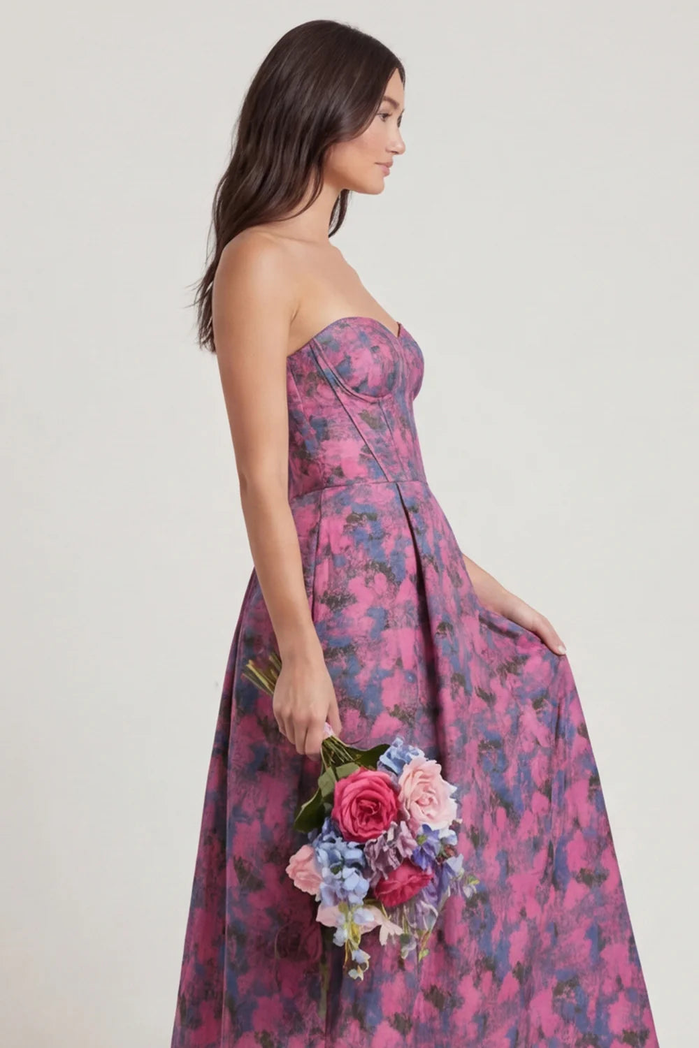 Fuchsia Strapless A Line Printed Corset Long Wedding Guest Dress