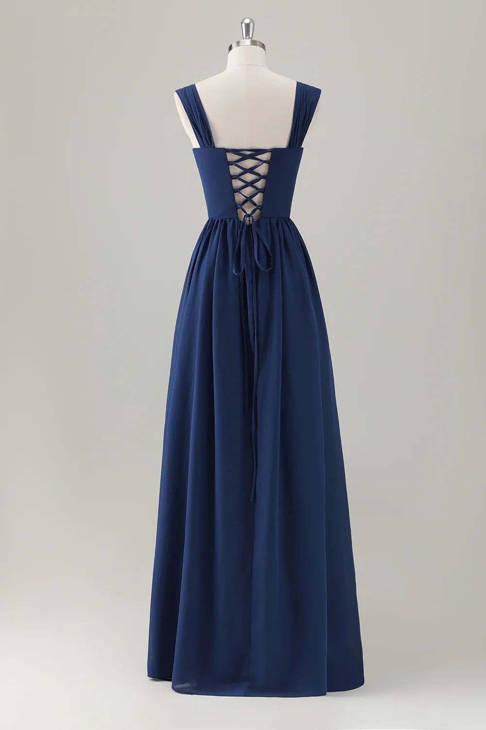Dark Blue A Line Square Neck Corset Lace Up Back Chiffon Long Bridesmaid Dress