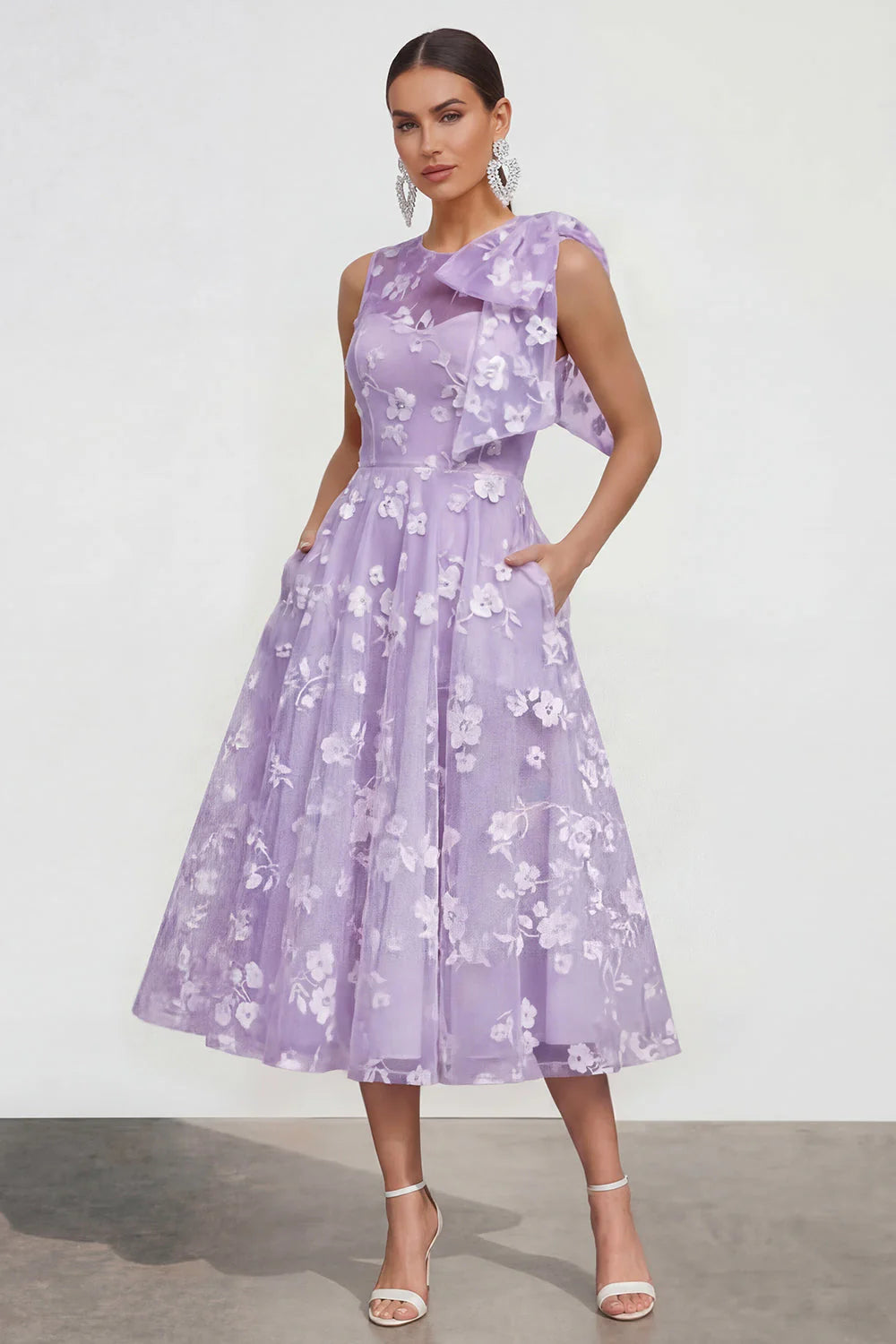 Floral Apricot A Line Bowed Midi Wedding Guest Dress
