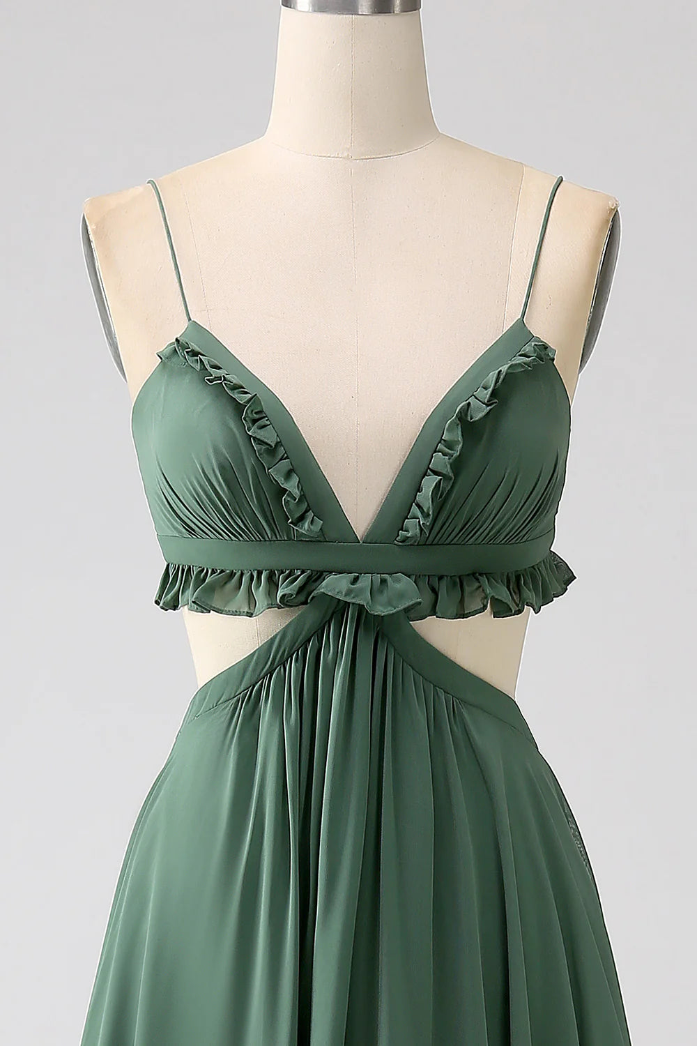 Eucalyptus A Line Spaghetti Straps Backless Chiffon Long Bridesmaid Dress