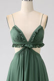 Eucalyptus A Line Spaghetti Straps Backless Chiffon Long Bridesmaid Dress