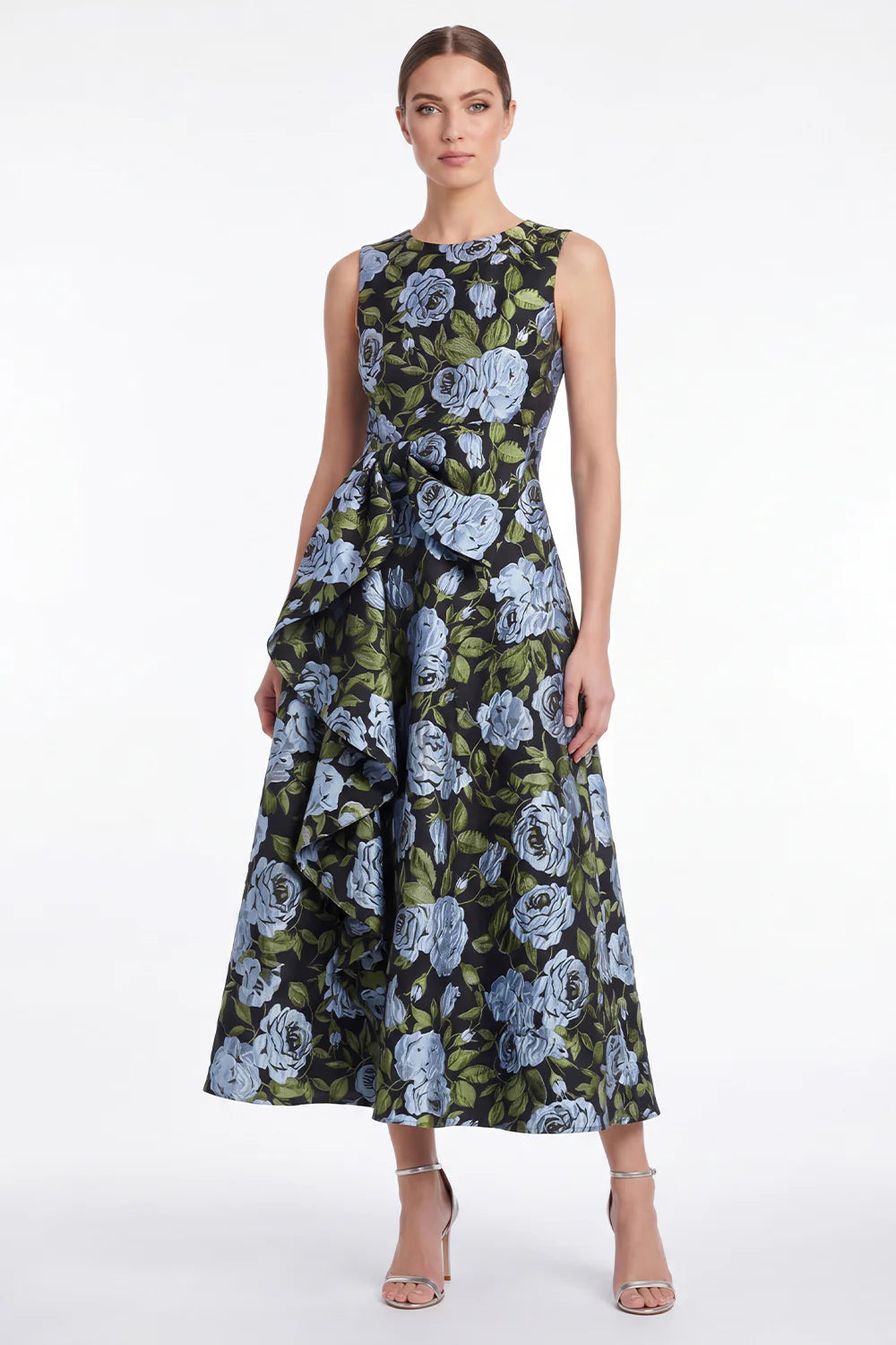 Floral A Line Blue Jacquard Round Neck Midi Mother of the Bride Dress