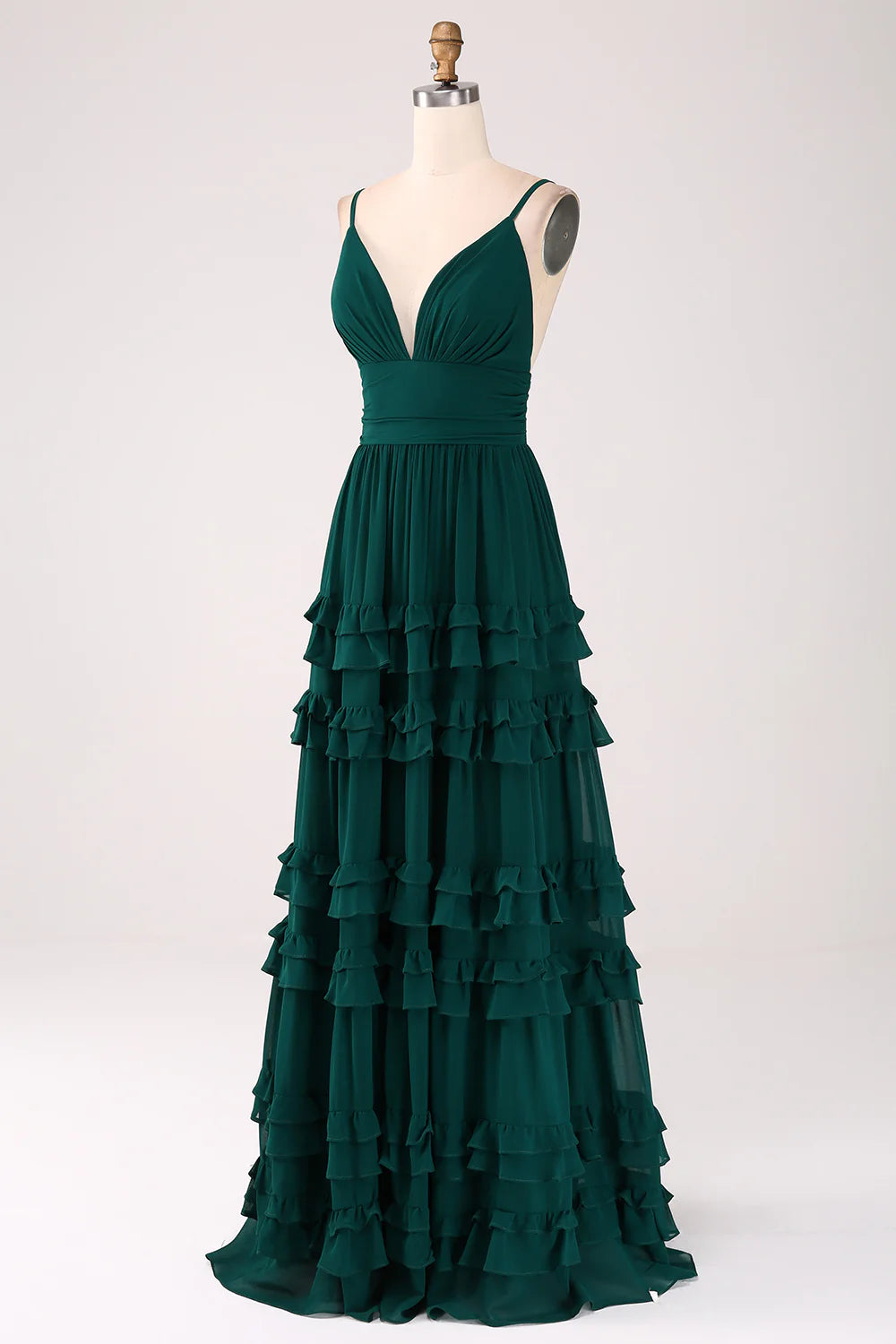 Dark Green A Line Spaghetti Straps Tiered Pleated Floor Length Bridesmaid Dress