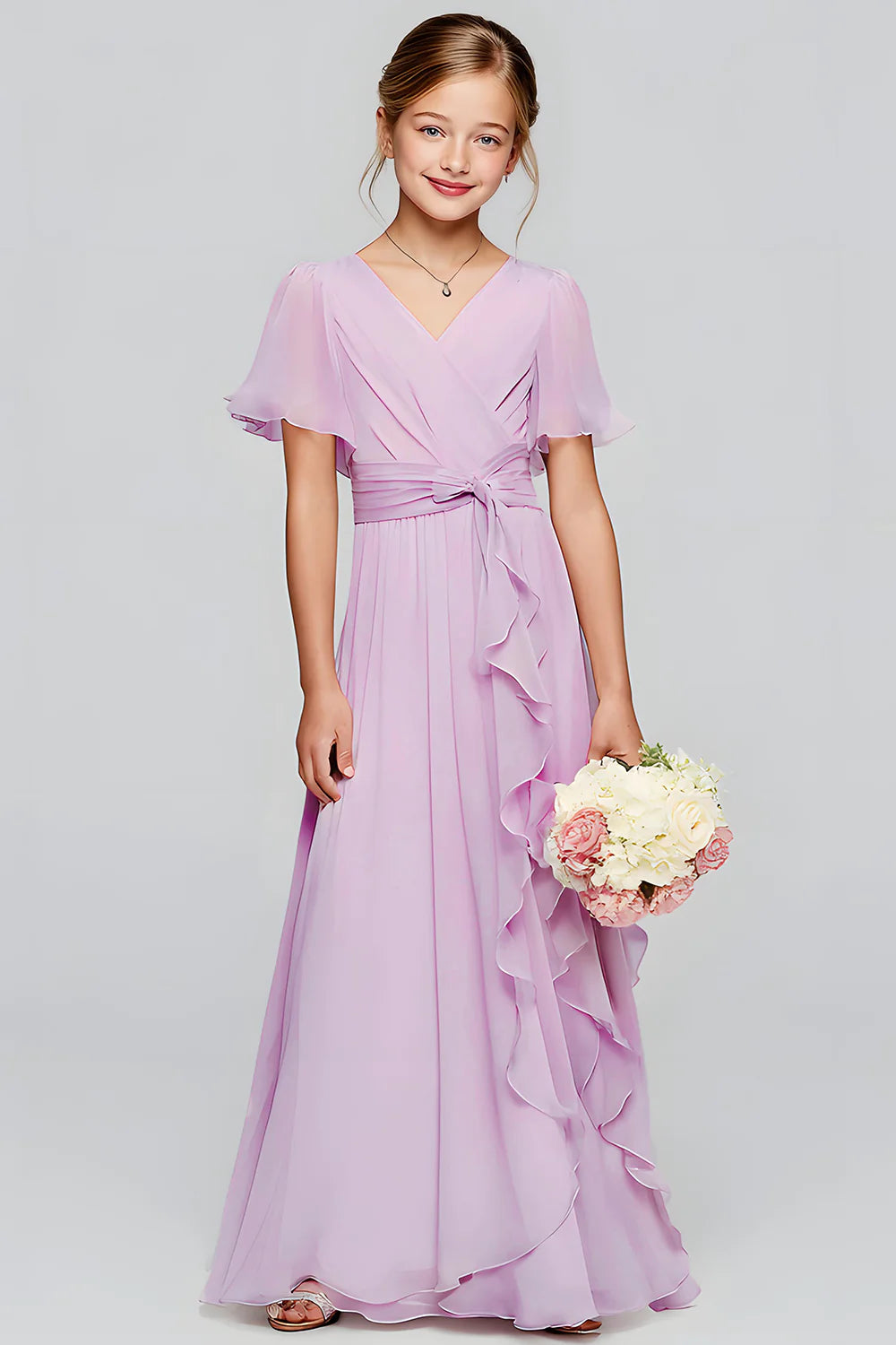 Purple A Line Chiffon Ruffled Long Junior Bridesmaid Dress