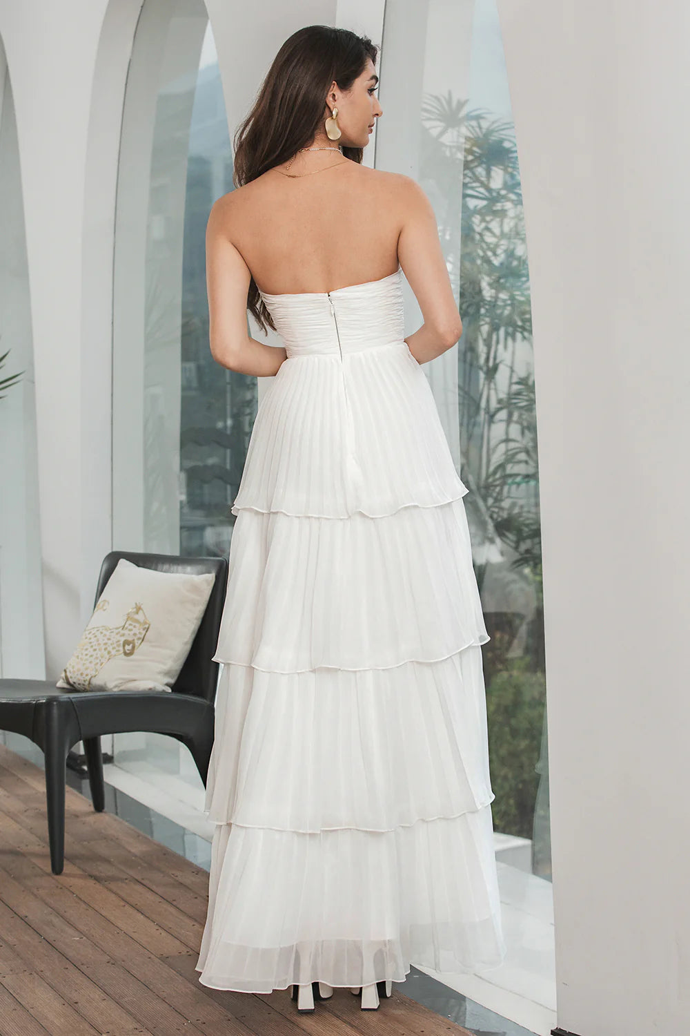 A Line Strapless Tiered Long Chiffon Maxi White Dress