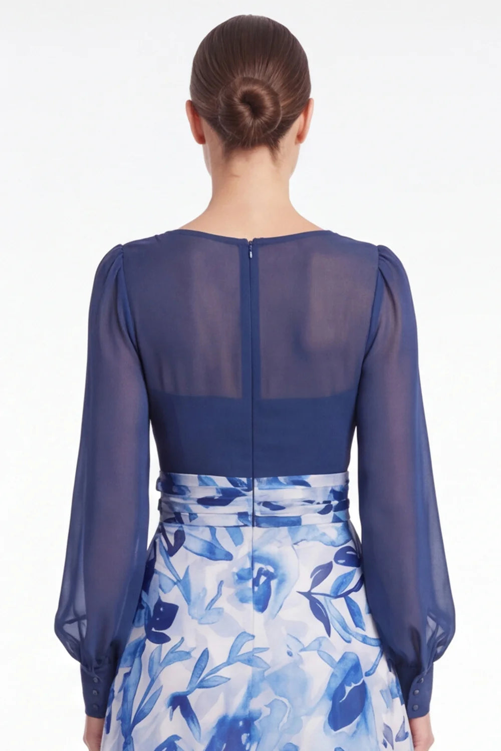 A Line Blue Flower V Neck Mother of the Bride Dress with Long Sleeves