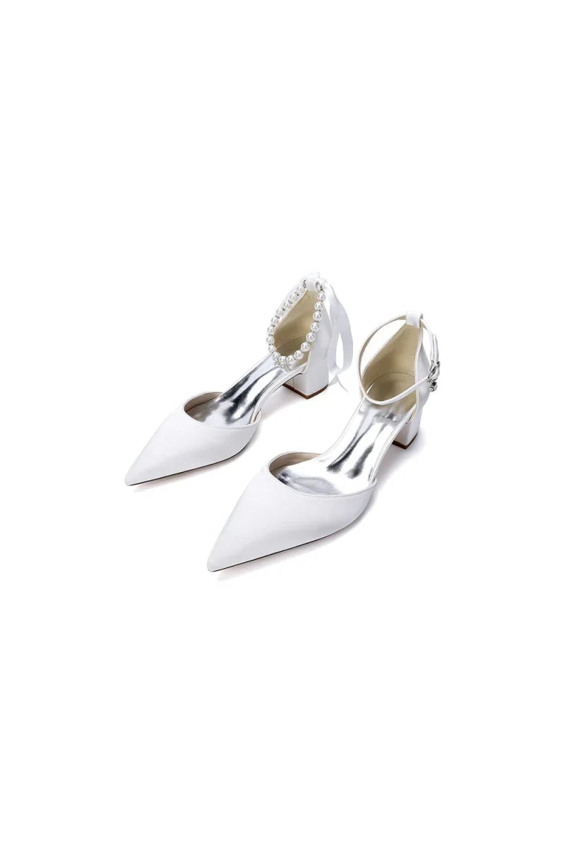 Pointed Toe Satin Pearl Ankle Strap Block Heels With Ribbon Tie