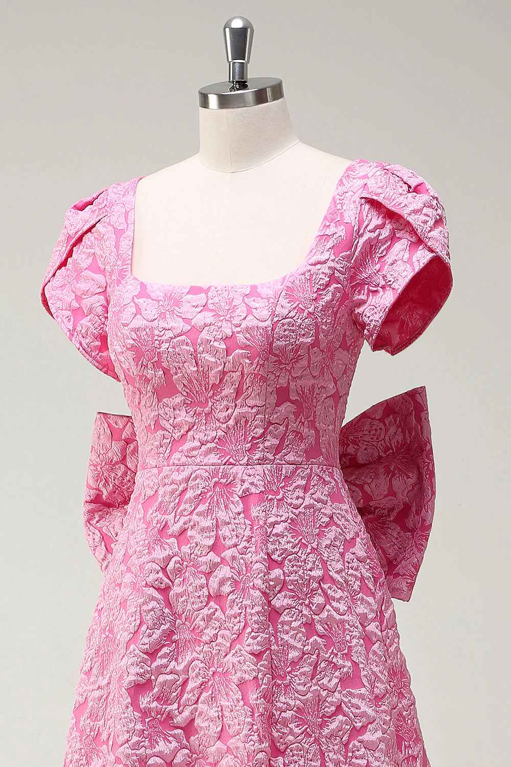 Fuchsia A Line Square Neck Bow Back Brocade Floral Maxi Prom Dress with Slit