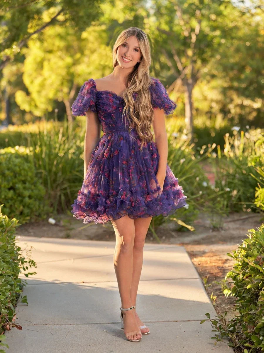 Ivana A Line Off the Shoulder Printed Tulle Short Homecoming Dress