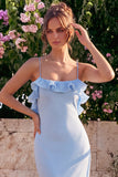 Light Blue Mermaid Ruffled Wedding Guest Dress
