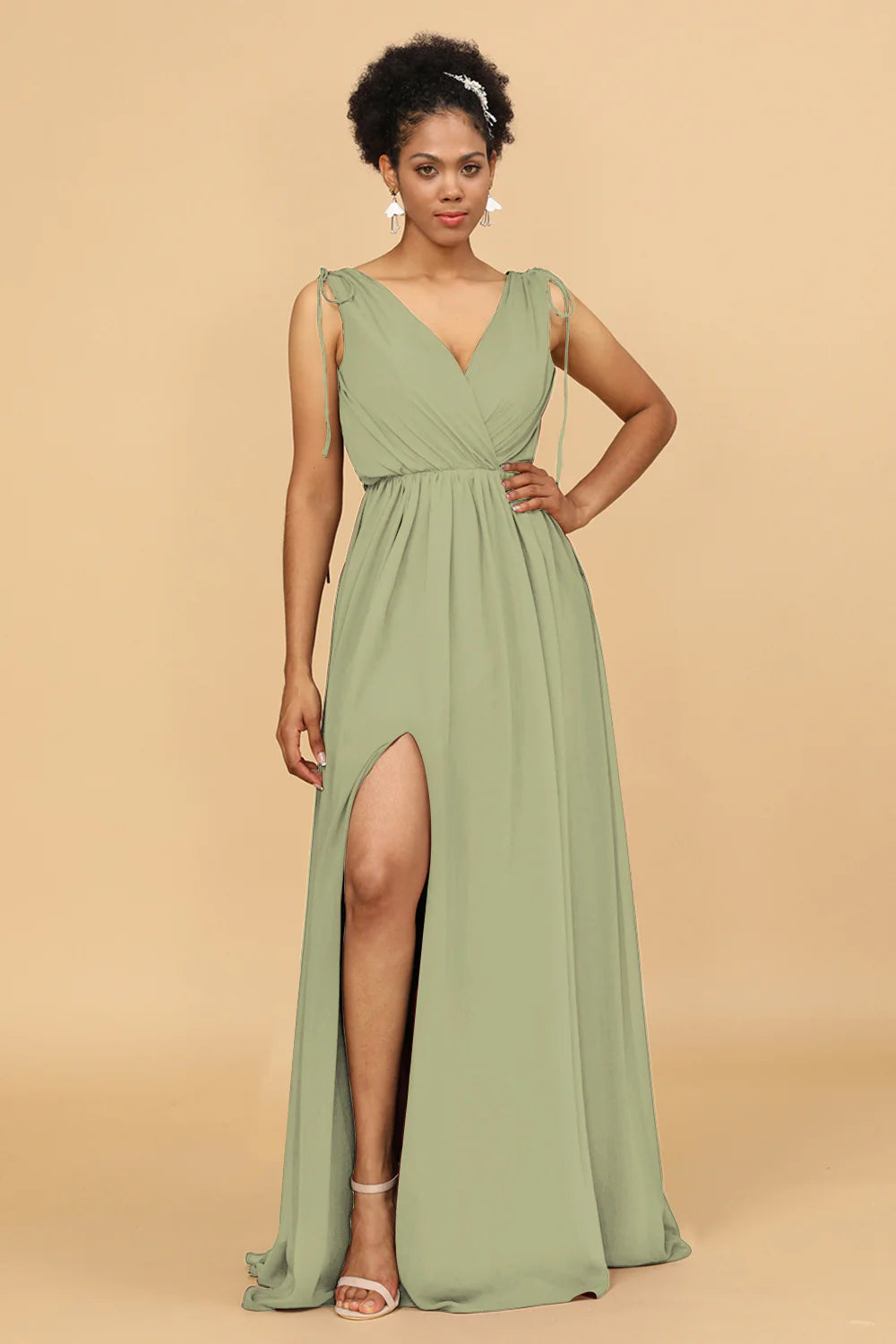A Line Ruched V Neck Sleeveless Chiffon Bridesmaid Dress with Slit