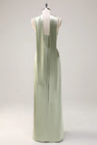 Sage Sheath Spaghetti Straps Streamer Convertible Long Satin Bridesmaid Dress with Slit