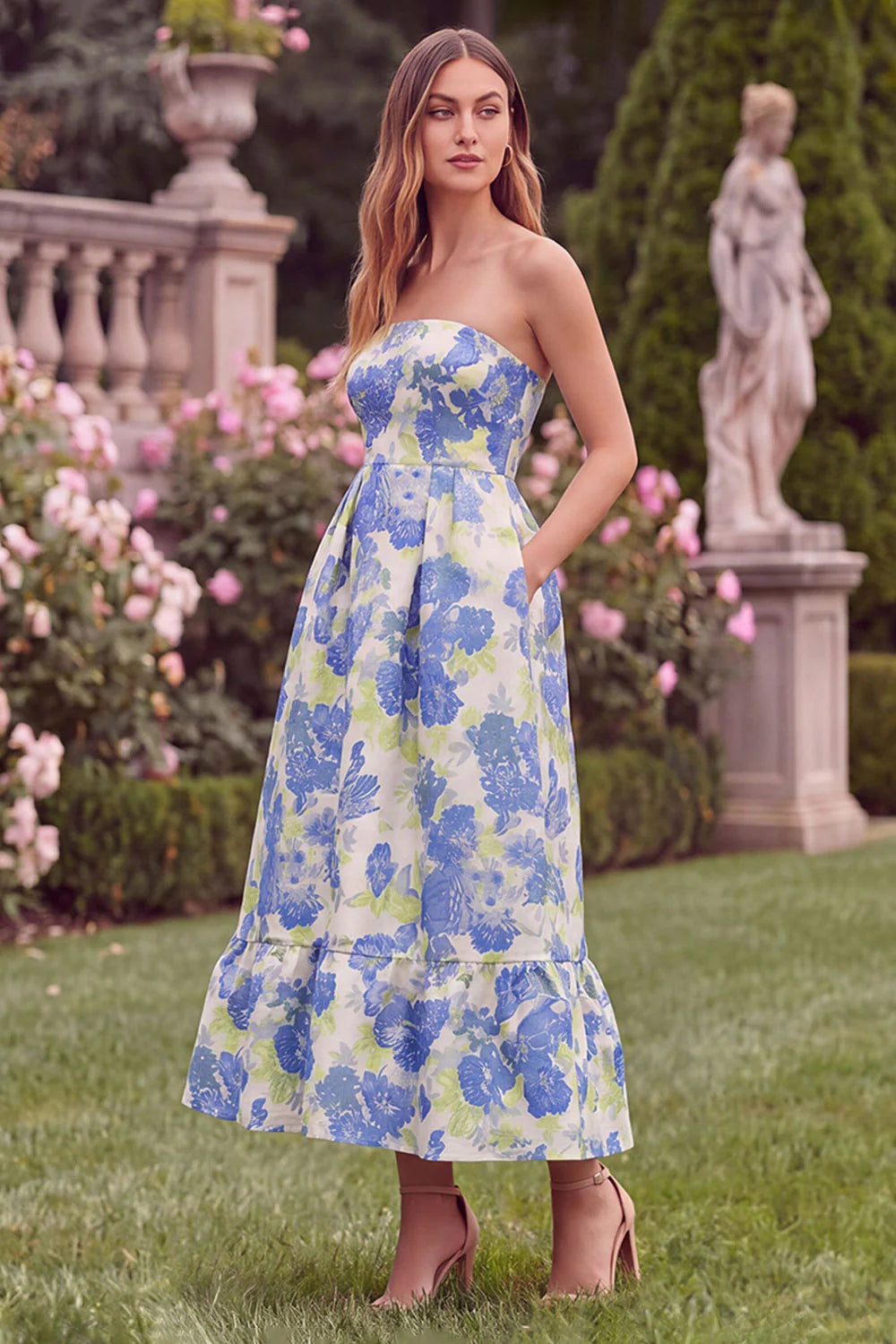 Strapless Blue Floral A Line Wedding Guest Dress with Pockets