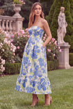 Strapless Blue Floral A Line Wedding Guest Dress with Pockets