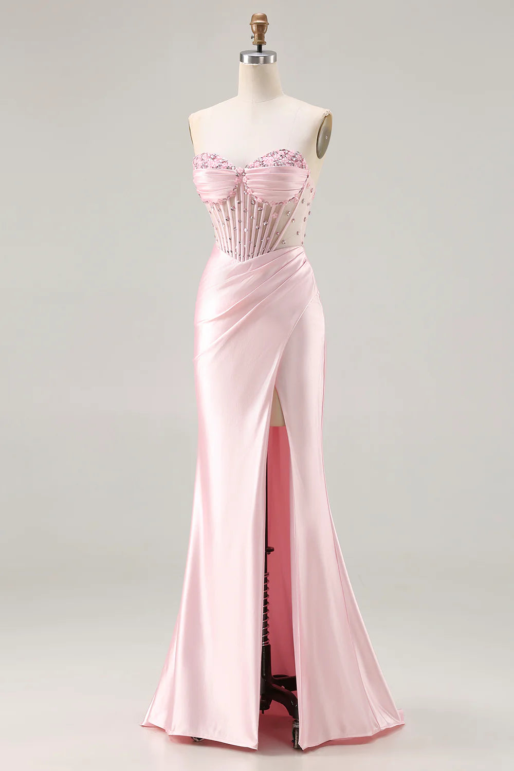 Sparkly Pink Mermaid Strapless Beaded Corset Long Prom Dress with Slit