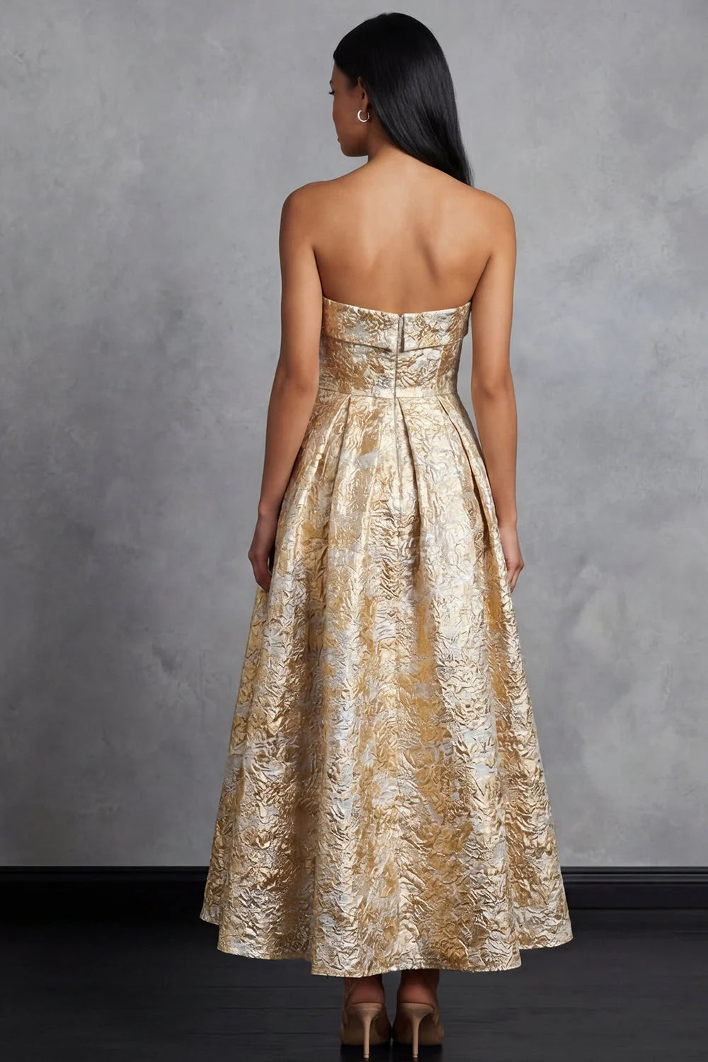 Strapless Gold Floral Jacquard A Line Midi Wedding Guest Dress