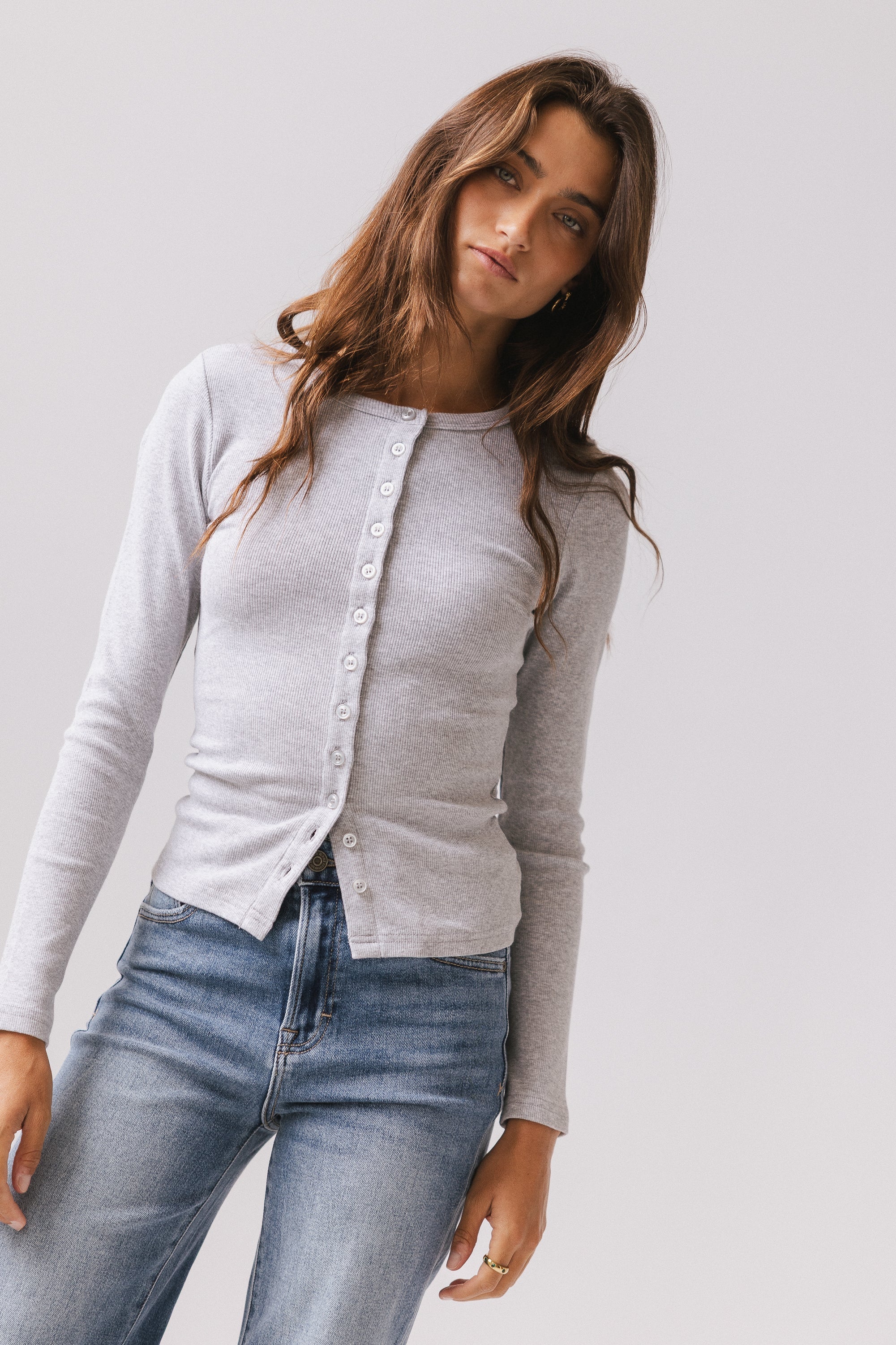 Mia Button Up Top in Grey