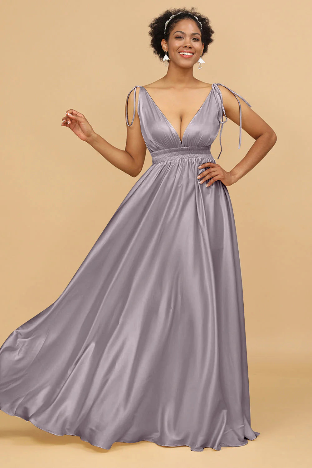 A Line Deep V Neck Backless Floor Length Bridesmaid Dress
