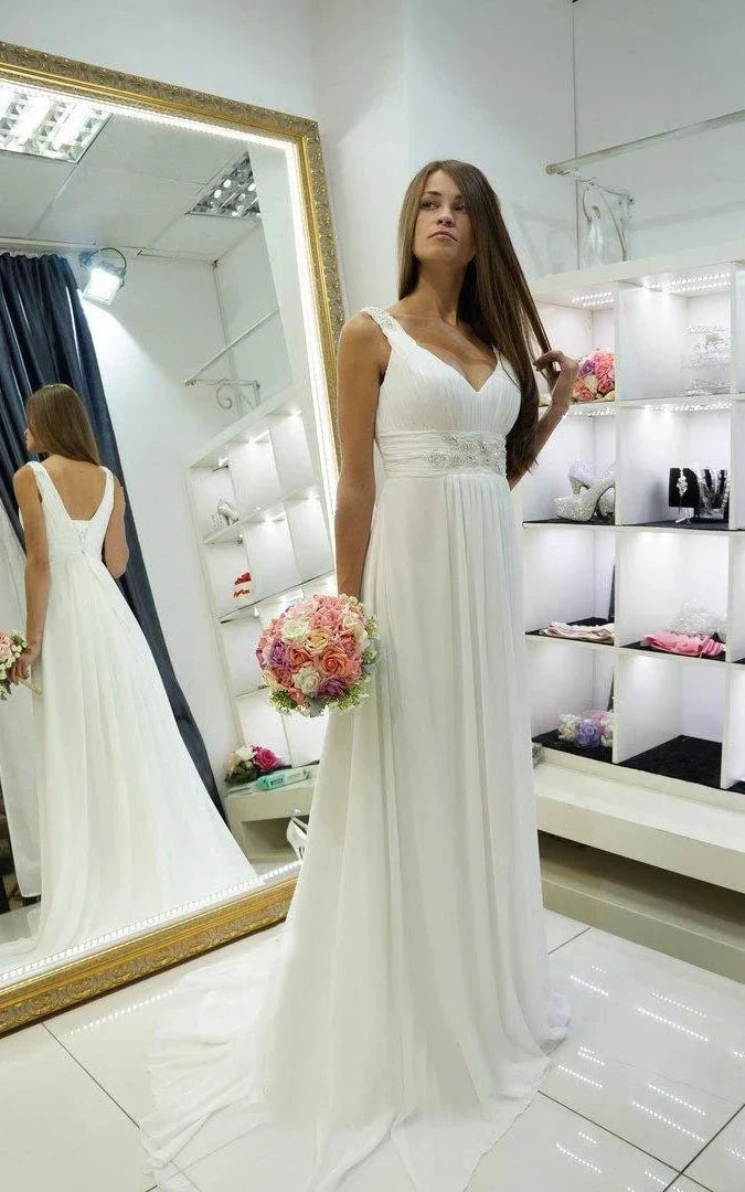Greek Empire Strapped V Neck Empire Chiffon Weddig Dress