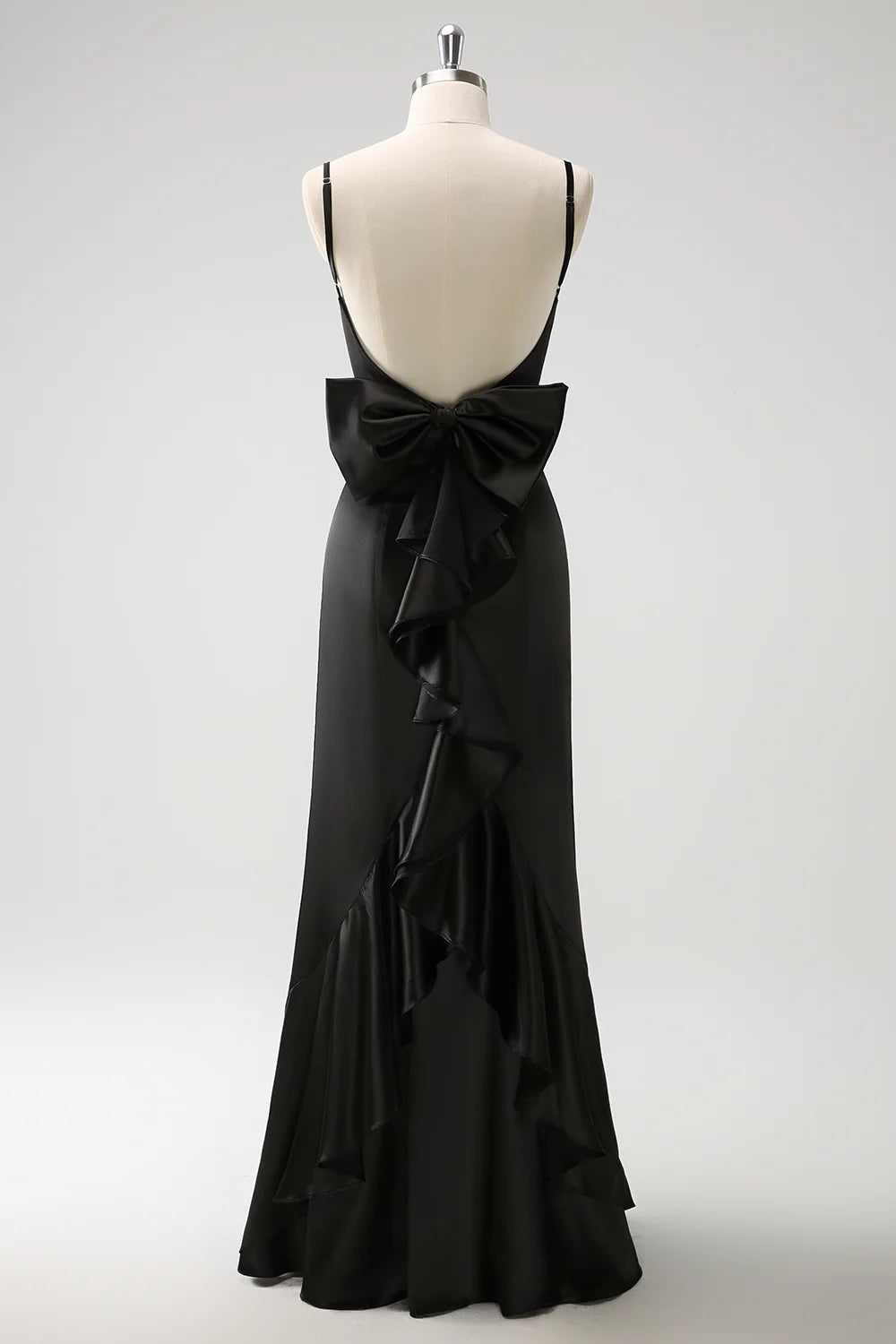 Black Mermaid Spaghetti Straps Long Ruffle Satin Bridesmaid Dress with Bow