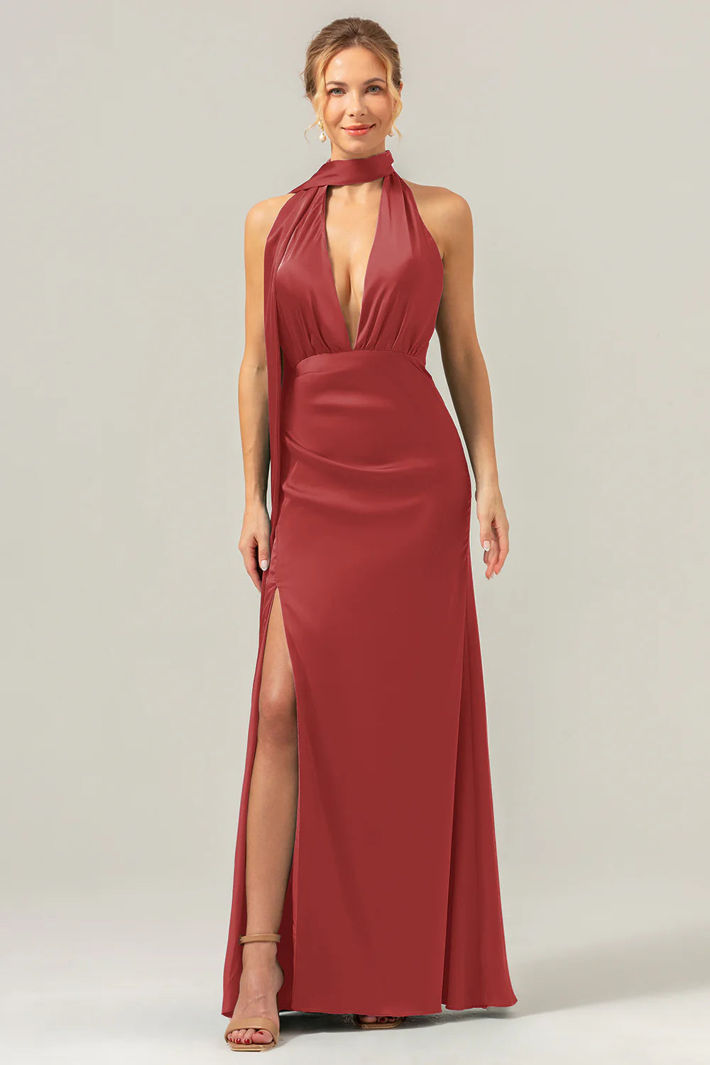 Peacock Sheath Deep V Neck Open Back Convertible Long Satin Bridesmaid Dress with Streamer