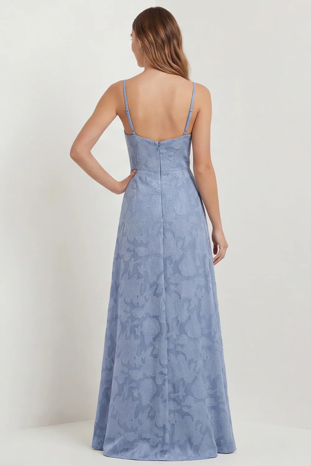 Dusty Blue A Line Floral Burnout Maxi Bridesmaid Dress with Slit