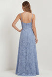 Dusty Blue A Line Floral Burnout Maxi Bridesmaid Dress with Slit