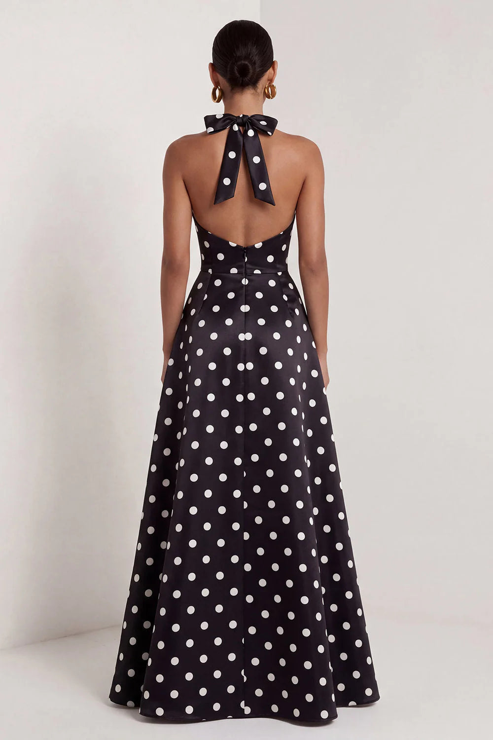 Halter White Black Polka Dot A Line Formal Dress with Slit