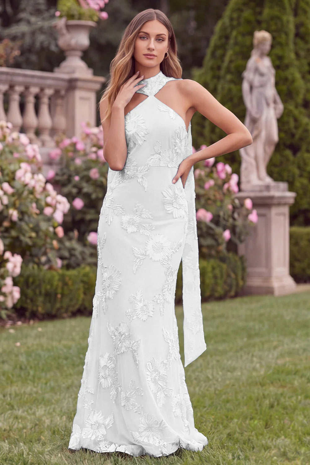 Mermaid Halter Blue Floral Wedding Guest Dress with Scarf